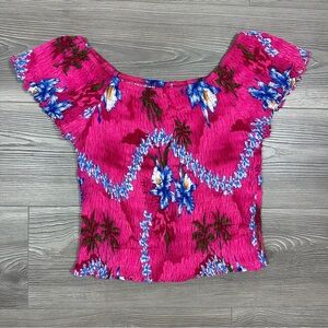 Hot Pink Floral Off Shoulder Ruched Top‎ Hibiscus Collection Hawaii OS